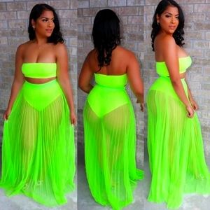 Mesh Summer Two Piece Set Casual Neon Spaghetti Strapless Sleeveless Crop Tops